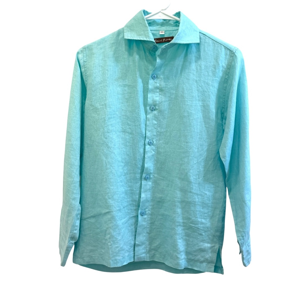 100% linen aqua blue long sleeve collared shirt
